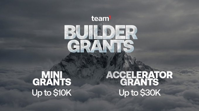 A 'team1 BUILDER GRANTS' promotional image set against a mountain and clouds, advertising Mini Grants up to $10K and Accelerator Grants up to $30K.