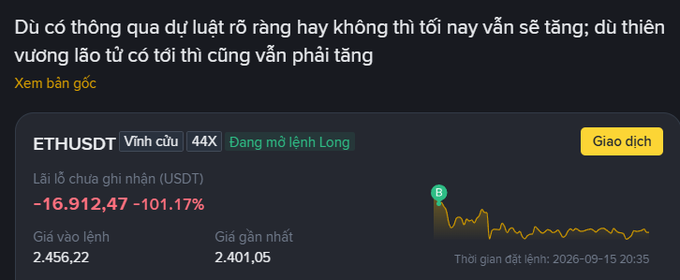 A trading interface displays an ETHUSDT position in 'Vĩnh cửu' (Perpetual) with 44X leverage on a Long order, showing a realized loss of -16,912.47 USDT (-101.17%) with an entry price of 2,456.22 and a chart timestamped 2026-09-15 20:35.