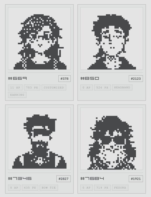 A pixel art character generator interface displays four character portraits with attributes like 'CUSTOMIZED EARRING', 'HEADBAND', 'BOW TIE', and 'FEDORA', each with AP values and numerical codes.