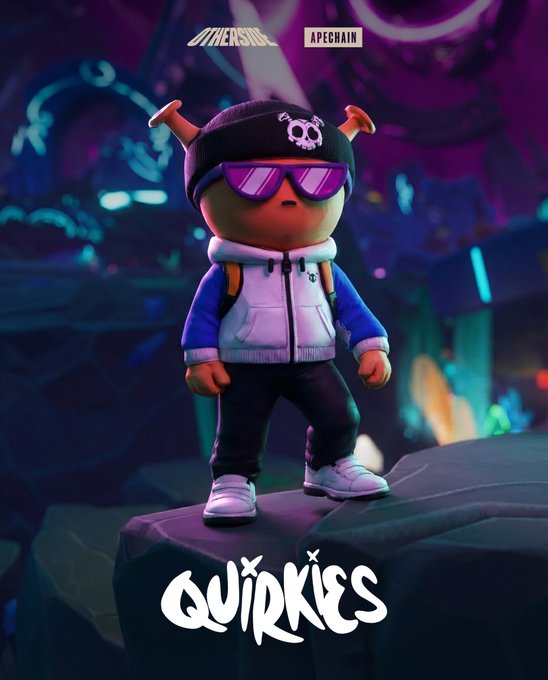Promotional artwork for the "Quirkies" NFT collection featuring a cartoonish character with reindeer antlers, purple sunglasses, and a skull beanie, with logos for DIESEL and APECHAIN visible.