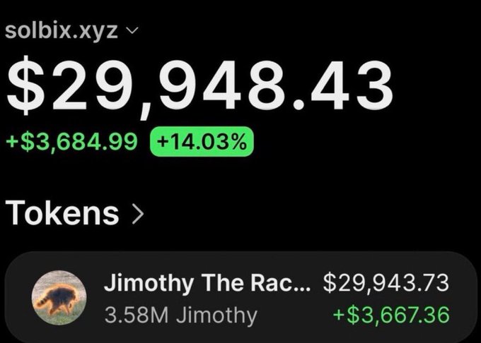 A screenshot of the solbix.xyz wallet shows a total balance of $29,948.43 with a +$3,684.99 (+14.03%) gain, primarily held in 3.58M Jimothy tokens valued at $29,943.73, illustrating one of the profitable trades highlighted in the post about turning $76 into $56,000+ profit on $Jimothy.