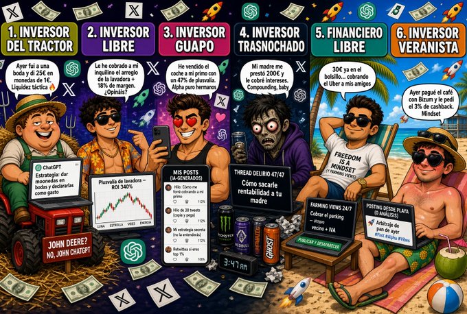 The image is a vibrant meme illustration titled "FinX Summary," depicting six investor archetypes—Tractor Investor, Free Investor, Guapo Investor, Scammed Investor, Free Financier, and Veranista (Summer) Investor—each shown engaging in distinct behaviors like using ChatGPT, checking stock charts (e.g., INTC, MSFT, GOOGL), posting on social media about ETFs, or lounging at the beach, with slogans like "Freedom is a Mindset" and "Daddy's Girlfriend Gave Me 200€." The accompanying post humorously relates to the image by warning readers about becoming a "TIGHTWAD FINANCIER" and calling out lazy content copy-pasted from ChatGPT, mirroring the meme's satirical portrayal of amateur traders.