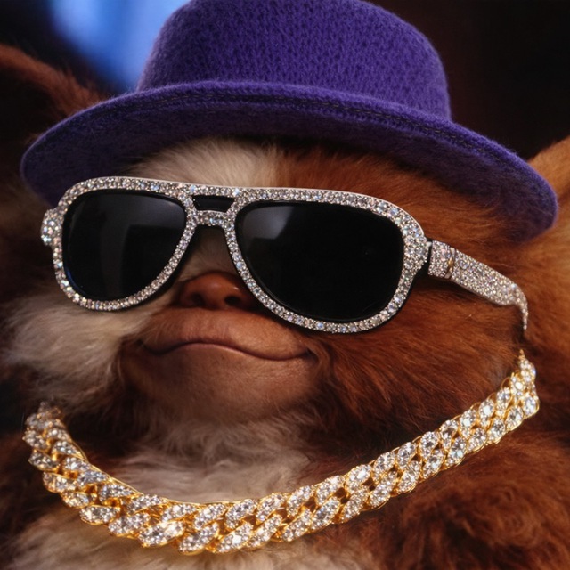 A close-up digital illustration of a furry creature resembling an Ewok, wearing a purple felt hat, diamond-encrusted sunglasses, and a sparkling gold chain necklace.