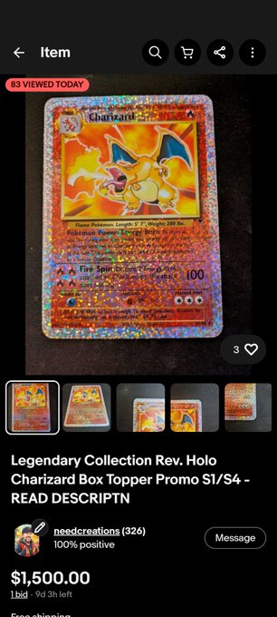 An eBay listing shows a 'Legendary Collection Rev. Holo Charizard Box Topper Promo S1/S4' priced at $1,500.00 with '83 VIEWED TODAY'.