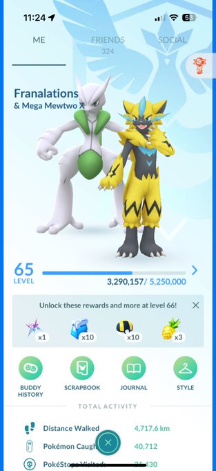 A screenshot of a Pokemon Go-style mobile app profile for 'Franalations & Mega Mewtwo X', showing level 65, a Mewtwo and Zeraora, and total activity stats.