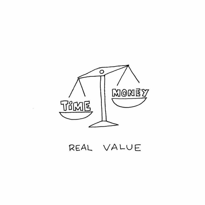 A simple line drawing shows a balance scale weighing "TIME" on one side against "MONEY" on the other, with the caption "REAL VALUE" underneath.