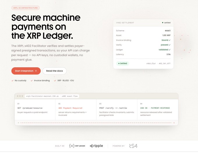 This image presents a promotional graphic for a technical solution that allows for secure machine payments using the XRP Ledger. The visual features text about an "xRPL x402 Facilitator" and a dashboard showing settlement details like an "Asset" of "1.00 XRP," directly illustrating the $XRP and $XRPL infrastructure mentioned in the accompanying post.