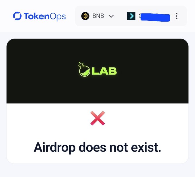 A TokenOps platform interface showing a 'LAB' token on BNB chain with a red X mark and text stating 'Airdrop does not exist.'