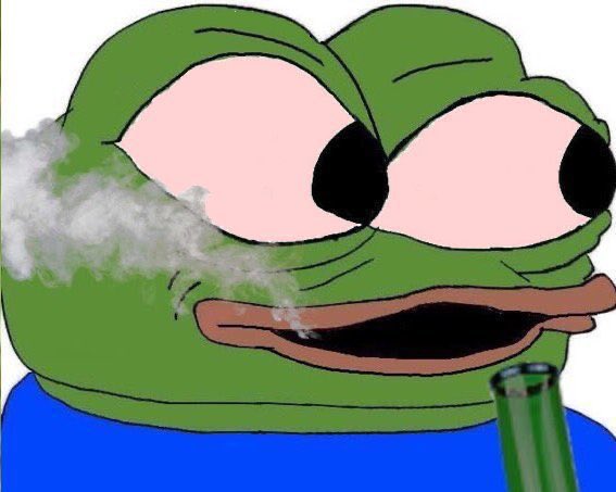 A cartoon image of a green frog character (Pepe) with heavy-lidded eyes, smoking a bong with smoke billowing from its mouth.