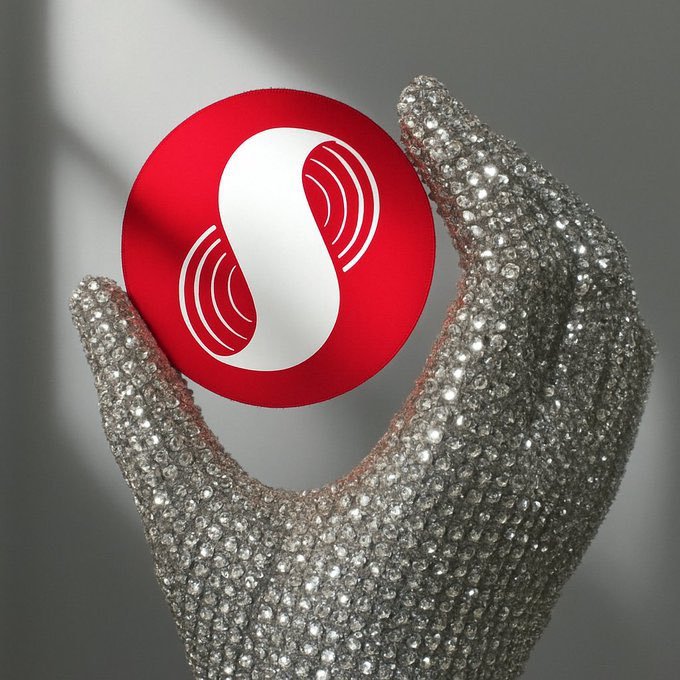A 3D-rendered hand encrusted with diamonds holds up a red circular logo featuring a white stylized 'S' design.