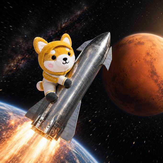 A plush Shiba Inu mascot wearing an "ASTEROID" spacesuit rides a silver rocket through space with a planet resembling Mars in the background.