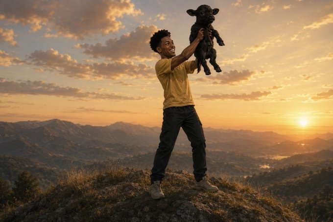 A young man joyfully holds a black goat aloft on a mountaintop at sunset, with rolling hills and golden skies stretching behind him.

The image's triumphant, "to the moon" pose—lifting the goat skyward against a sunset horizon—visually echoes the post's excitement about Solana's momentum and an upcoming liquidity rotation that could fuel meme coin season.