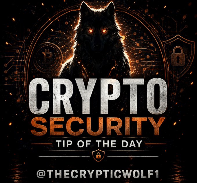 A 'Crypto Security Tip of the Day' graphic featuring a glowing-eyed wolf with a Bitcoin coin and padlock shield, credited to @THECRYPTICWOLF1.