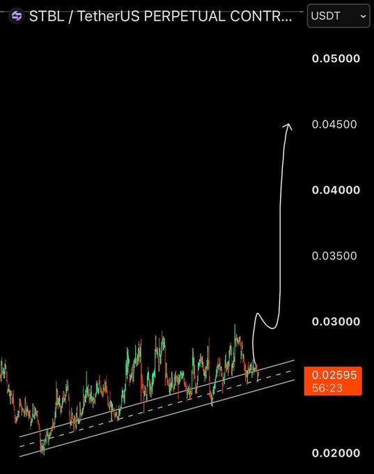 A cryptocurrency price chart for STBL/TetherUS Perpetual Contract showing a candlestick graph with an ascending channel pattern and a hand-drawn white arrow predicting a price breakout upward toward 0.04500 from the current price of 0.02595.
