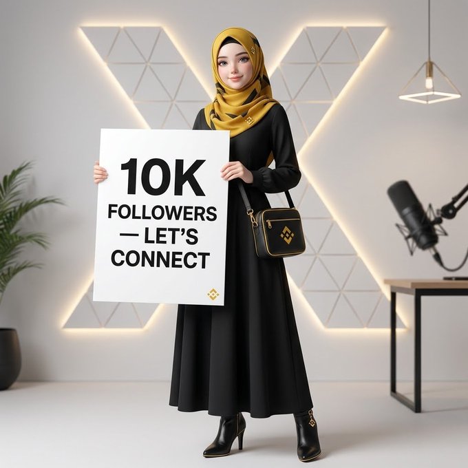 A woman wearing a yellow hijab and black dress holds a sign reading '10K FOLLOWERS — LET'S CONNECT', with a small Binance logo visible on the sign and her handbag.