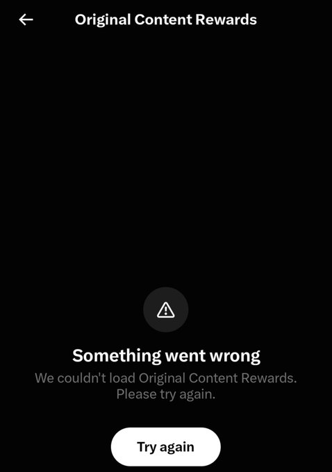 A mobile app error screen titled 'Original Content Rewards' displaying a warning icon and the message 'Something went wrong. We couldn't load Original Content Rewards. Please try again.' with a 'Try again' button.
