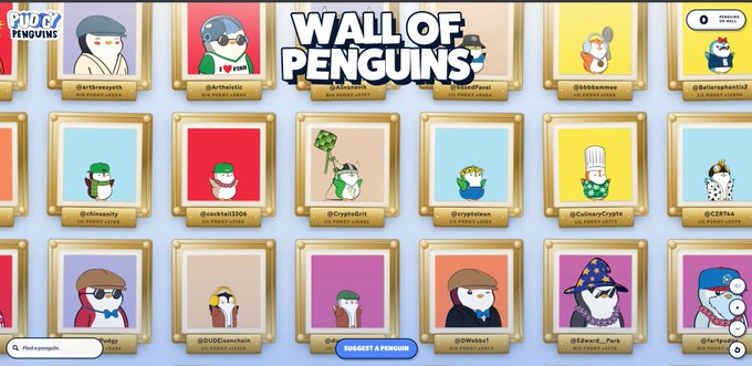 A 'WALL OF PENGUINS' interface showcases a grid of NFT penguin avatars with various costumes, including the Pudgy Penguins logo, and a 'SUGGEST A PENGUIN' button at the bottom.