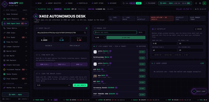 A dark-themed cryptocurrency trading dashboard titled 'X402 AUTONOMOUS DESK' showing portfolio values, funding rates, and auto-claim features.