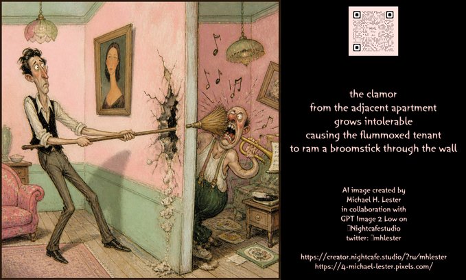An AI-generated illustration showing a man thrusting a broomstick through a wall at a trumpet-playing neighbor, with text reading: 'the clamor from the adjacent apartment grows intolerable causing the flummoxed tenant to ram a broomstick through the wall.' Created by Michael H. Lester using GPT Image 2 Low on Nightcafestudio.