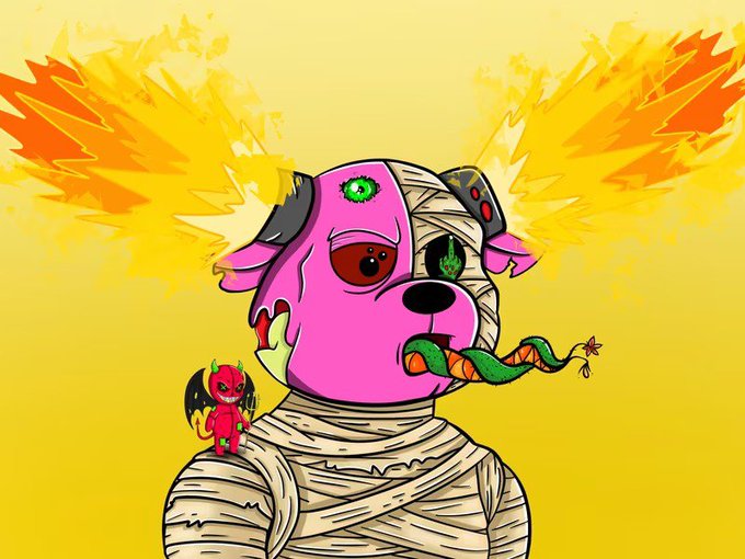 A colorful digital illustration features a pink dog-like creature with mismatched eyes, wrapped in mummy bandages with fiery wings, accompanied by a small red devil character on a yellow background.