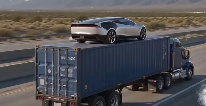 A silver sports car being transported on top of a dark blue shipping container attached to a truck driving on a desert highway.
