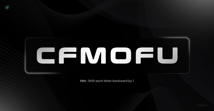 A dark graphic displays the puzzle 'CFMOFU' with the hint 'Shift each letter backward by 1' beneath it.