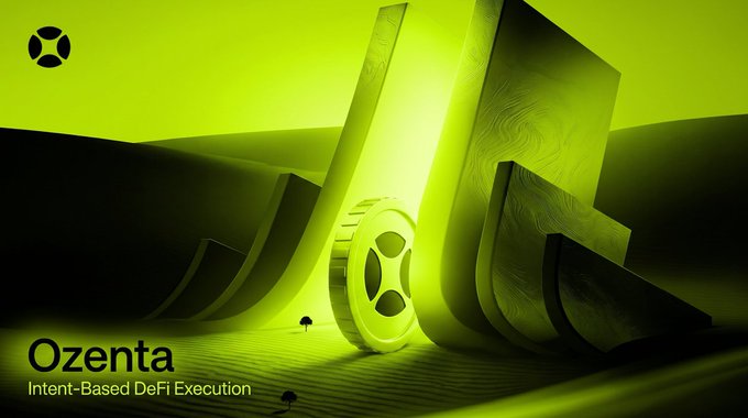 A vibrant green-themed promotional image for 'Ozenta' advertises 'Intent-Based DeFi Execution,' featuring abstract architectural structures, a small tree, and a circular logo with an X-like design in the upper left.