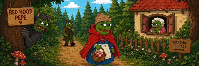 The image is a Pepe-themed parody of "Red Riding Hood," showing a green frog in a red hooded cloak carrying a basket through a forest toward Grandma's cottage, with a wolf Pepe hiding behind a tree labeled "Red Hood Pepe," referencing the post's discussion of the $PEPE meme coin and its strong narrative appeal on Robinhood Chain.