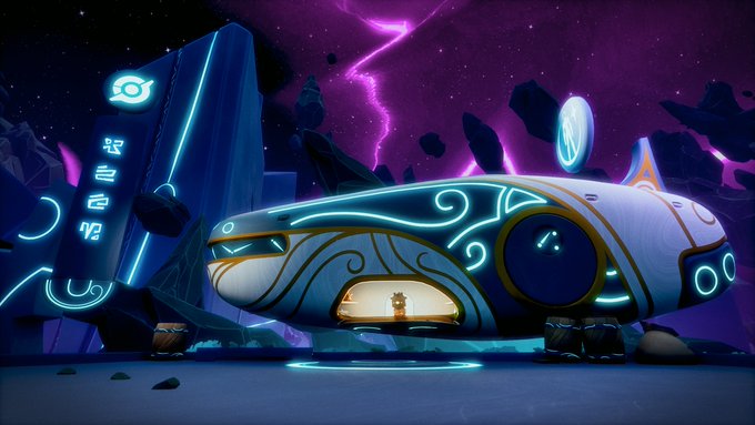 A stylized digital illustration of a futuristic spaceship with glowing blue neon lights and circular windows, set against a purple cosmic background with floating asteroids.