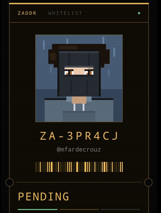 A pixelated character profile card displays 'ZADDR WHITELIST' with the address 'ZA-3PR4CJ', username '@mfardecrouz', and a 'PENDING' status.