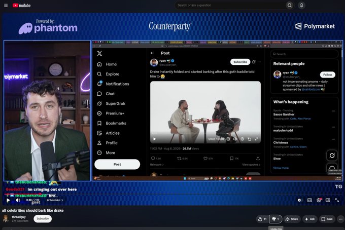 The image shows a YouTube livestream titled "Counterparty" featuring a creator with Phantom and Polymarket branding, where a tweet by @ryancpr is displayed discussing Drake allegedly banking after his "goth baddie" Instagram post. The caption's confusion about crypto fits the stream's context of someone reacting to cryptocurrency market shifts and crypto-adjacent news alongside celebrity gossip.