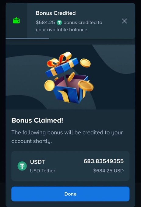 The image shows a Stake.com bonus notification confirming $684.25 (683.83549355 USDT) has been credited to the user's account balance. This relates to the post promoting Stake bonuses and asking followers to drop their usernames, as the screenshot serves as proof of the platform's bonus rewards.
