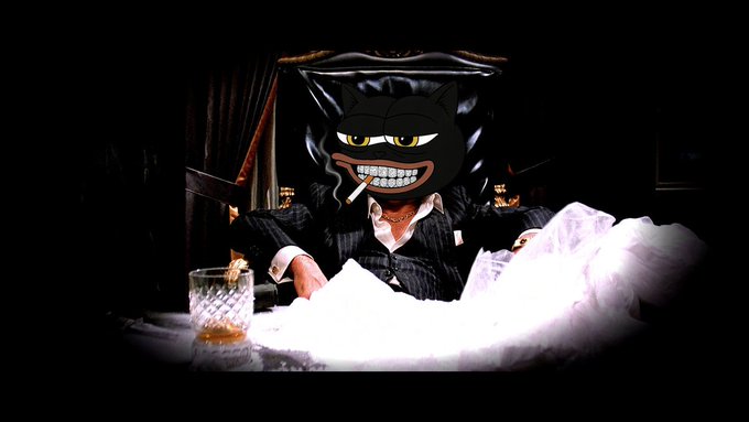 The image shows a character wearing a black cat mask and pinstripe suit, sitting behind piles of white powder with a cigarette, paired with a whiskey glass. It depicts the meme reference to Scatman Crothers in "The Shining," humorously visualizing the "$BIZCAT" crypto poster's celebration of holding their token through a parody of drug-fueled excess.