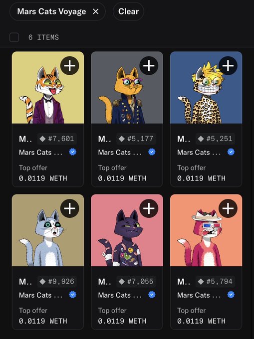 An NFT marketplace interface displaying a collection of six cartoon cat avatars from 'Mars Cats Voyage', each with a top offer of 0.0119 WETH.