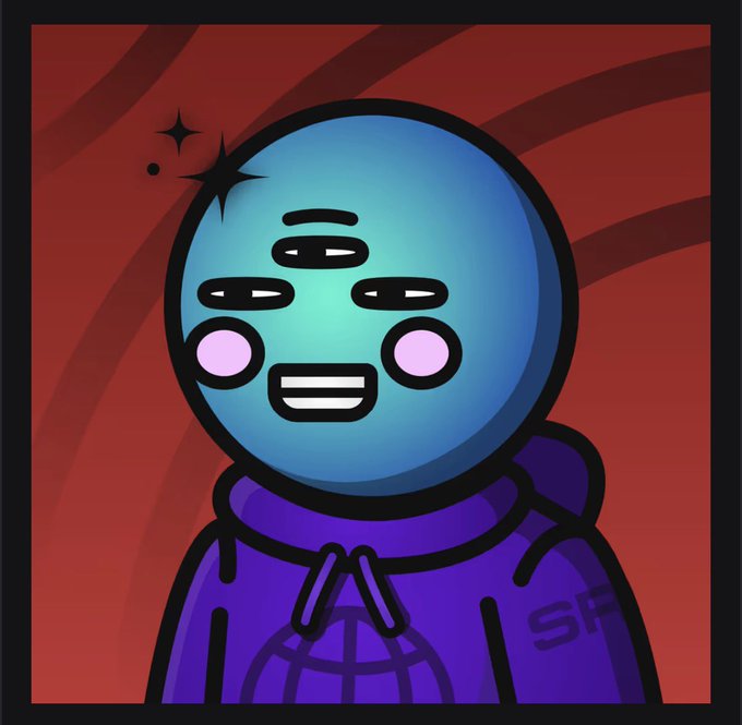 A digital artwork of a blue, multi-eyed character wearing a purple hoodie with a globe design, marked with 'SF' initials, set against a red background.