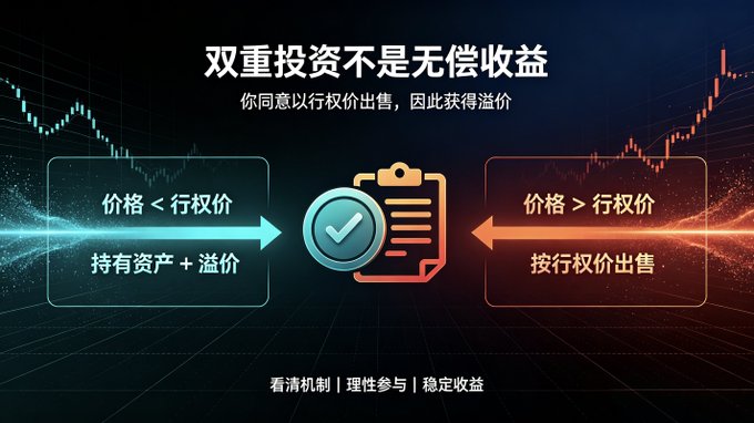 The image illustrates the mechanism behind TermMax dual investment, featuring a central clipboard with a checkmark icon flanked by two scenarios in Chinese: on the left, "价格 < 行权价" (Price < Strike Price) showing "持有资产 + 溢价" (Hold Asset + Premium), and on the right, "价格 > 行权价" (Price > Strike Price) showing "按行权价出售" (Sell at Strike Price). The headline reads "双重投资不是无偿收益" (Dual investment is not free returns), with the subtitle clarifying "你同意以行权价出售，因此获得溢价" (You agree to sell at the strike price, therefore earning a premium), visually reinforcing the post's message that TermMax's high premium returns are a fair trade-off rather than risk-free passive income.