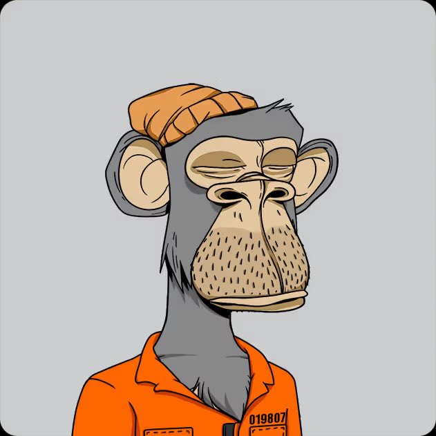 An NFT-style cartoon illustration of a bored-looking monkey with three eyes wearing an orange beanie and prison jumpsuit labeled "019807".