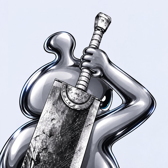 A metallic silver sculpture of a featureless, rounded humanoid figure gripping a large, weathered sword over its shoulder.