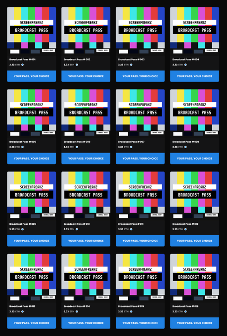 A grid of identical product thumbnails titled 'BROADCAST PASS' by 'SCREENFREAKZ', each priced at '3.33 ETH' with a 'YOUR PASS, YOUR CHOICE' button.