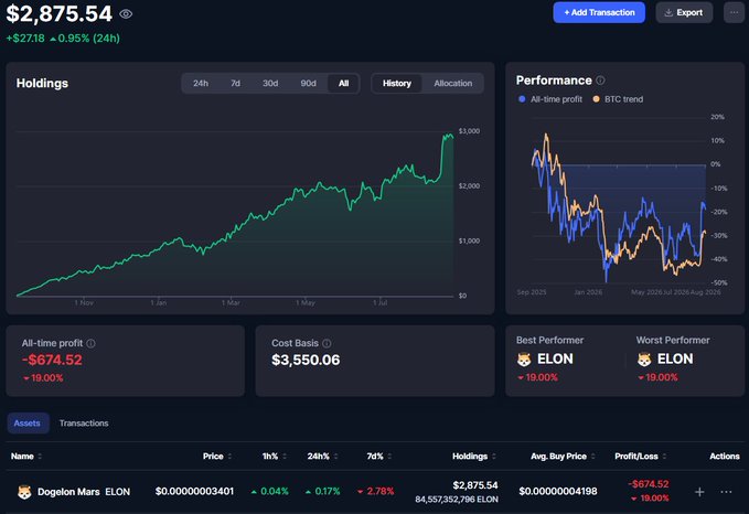 A portfolio dashboard showing holdings of $2,875.54 with an all-time profit of -$674.52, dominated by 'Dogelon Mars ELON' which is down 19.00%, marked as both Best and Worst Performer.