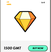 The image shows a diamond design with yellow and orange hues. The background of the image is white, creating a contrast between the colored diamond and its surroundings. Above the diamond-shaped object, there's an item that says "buy now" in green text. This message might be related to the pricing or sales aspect of the image, potentially indicating the diamond is being sold for a reasonable price like 1500 GMT or an amount just below the current market price of 1.2 GMT. The seller appears to have a slight distortion of the marketplace value and is trying to entice buyers by offering a great deal.