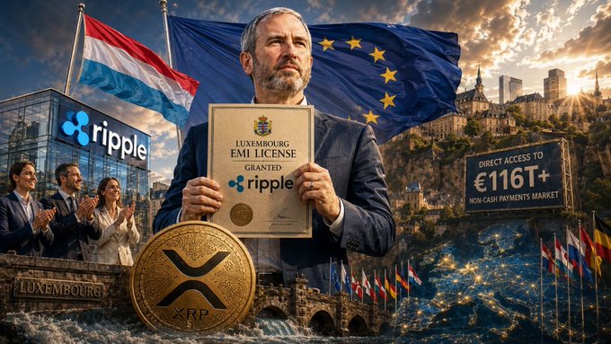 A promotional image showing a man holding a Luxembourg EMI License certificate granted to Ripple, featuring the Ripple logo, XRP coin, EU and Luxembourg flags, and text highlighting direct access to the €116T+ non-cash payments market.