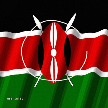A digital illustration shows a red and white Maasai shield crossed with two spears, centered over a waving Kenyan flag.