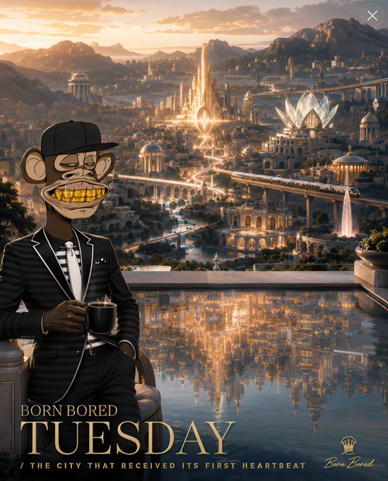 A cartoon monkey in a black suit and gold grill sips coffee against a backdrop of a glowing fantasy cityscape, with text reading "BORN BORED TUESDAY / THE CITY THAT RECEIVED ITS FIRST HEARTBEAT." The image visually reinforces the post's calm, optimistic Tuesday energy — a chill start-of-the-week mindset tied to Web3 wins, with the monkey's relaxed luxury pose matching the "quiet mind, steady hands" theme.