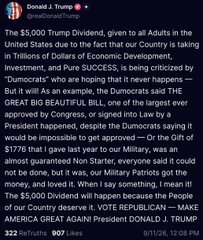 The image is a tweet from Donald J. Trump discussing a proposed $5,000 dividend to U.S. adults funded by tariffs, criticizing Democrats for blocking it and highlighting the last $1,776 dividend issued in 2021, with a call to vote Republican and re-elect him in 2028.