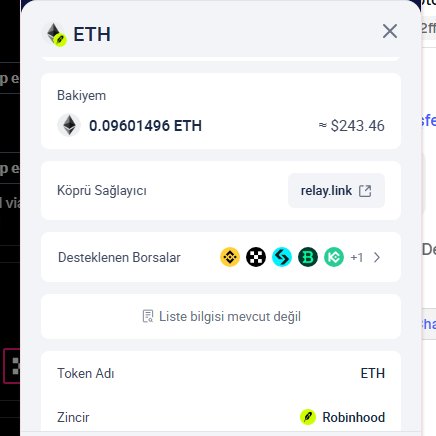 A digital wallet interface displays a balance of "0.09601496 ETH" (~$243.46) with text in Turkish, showing a Robinhood logo at the bottom.