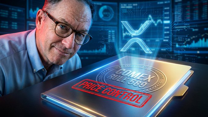 The image features a man sitting at a desk with a computer monitor behind him, looking intently at an opened document titled "Ripple Is SWIFT 2.0 & How The US Govt Will Control XRP Price(Once It'S High)". The man appears to be taking a selfie next to the document and is smiling. The image shows that Ripple cryptocurrency was listed as SWIFT 2.0, indicating its potential use for international transactions due to the platform's security measures.