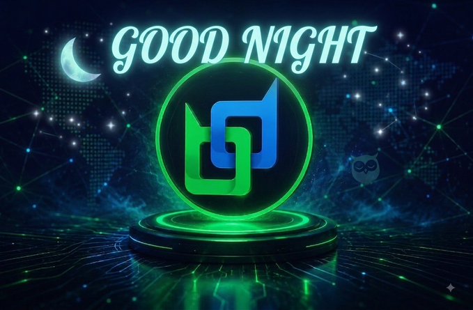 A digital 'GOOD NIGHT' graphic featuring a glowing green and blue logo on a circular pedestal, set against a starry night sky with a crescent moon and an owl illustration.
