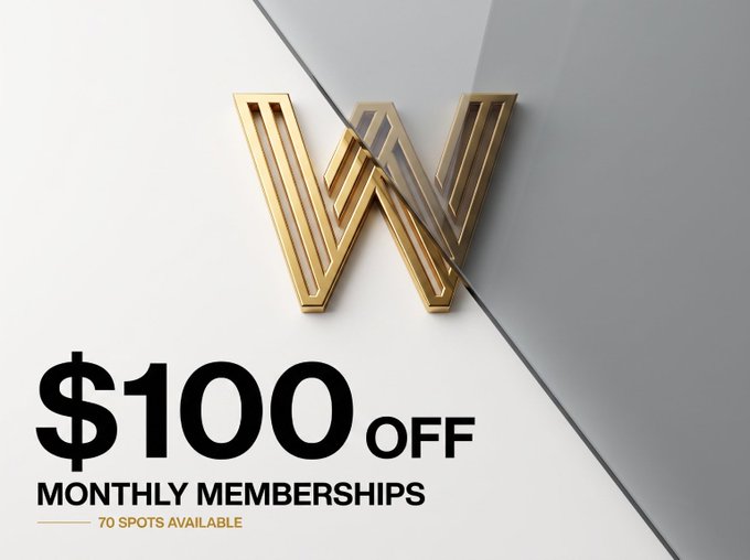 A promotional graphic for Wealth Group features an elegant gold "W" logo on a gray background, advertising "$100 OFF MONTHLY MEMBERSHIPS" with "70 SPOTS AVAILABLE," reinforcing the limited-time, end-of-summer sale offer highlighted in the post for joining the trading and education community.