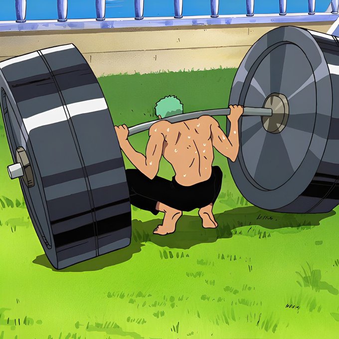 An anime illustration shows a muscular character with green hair performing a heavy barbell squat in an outdoor grassy area.